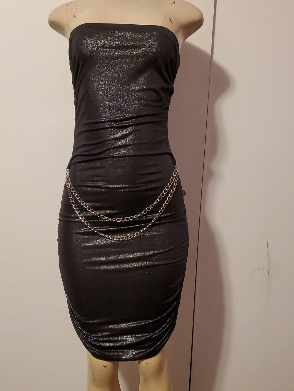 Strapless Black Metallic Bodycon Dress with Chain Accent